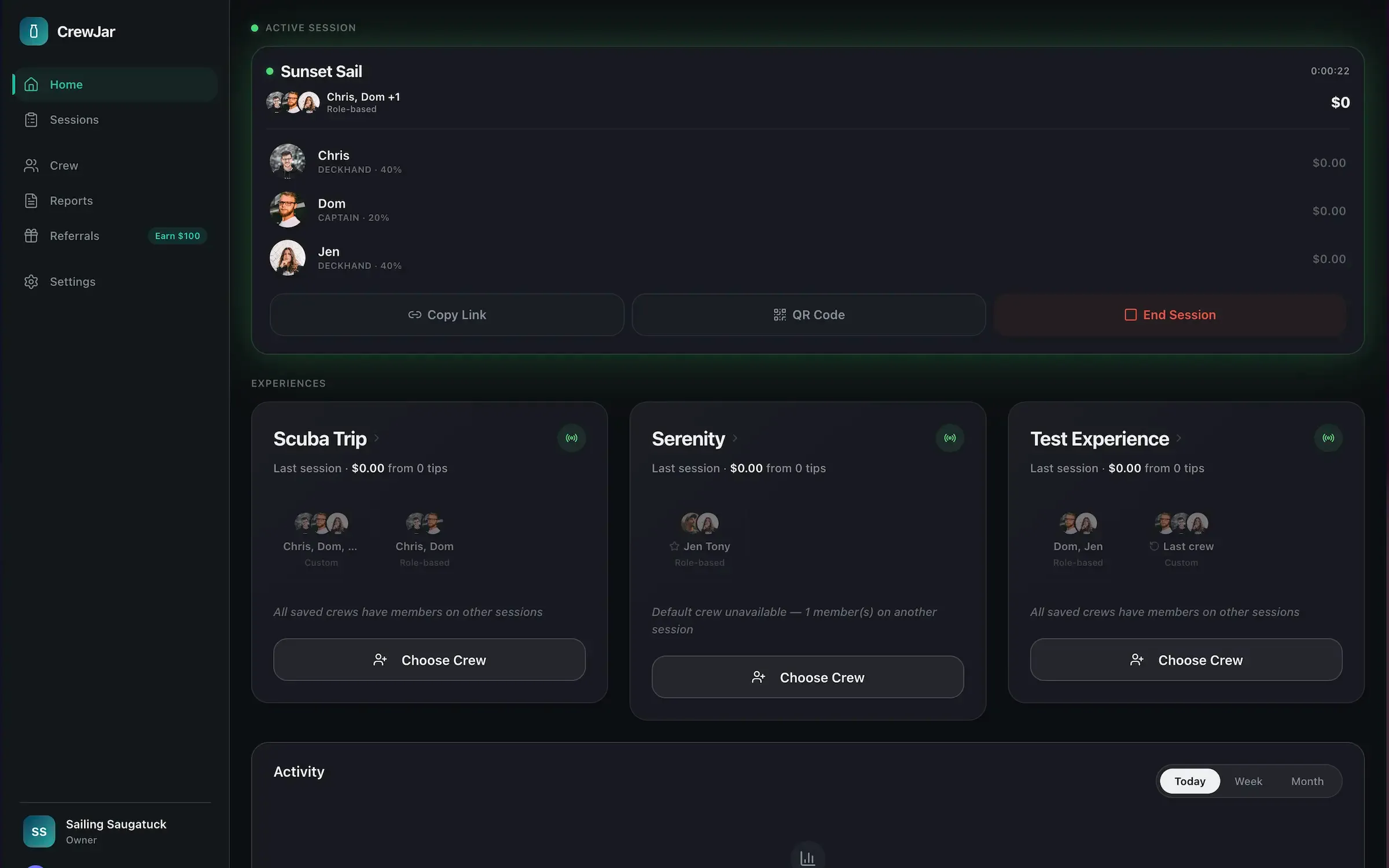 CrewJar operator dashboard — live session